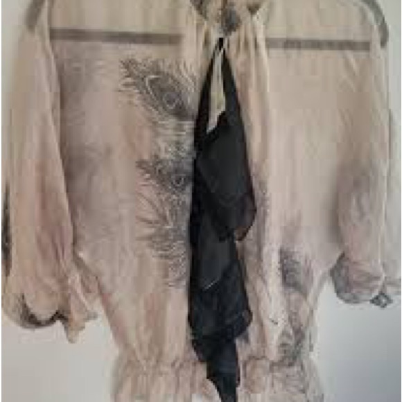 💯 Silk Zara Sheer Beige Peplum Blouse with Black Ruffle Tie - Picture 5 of 5